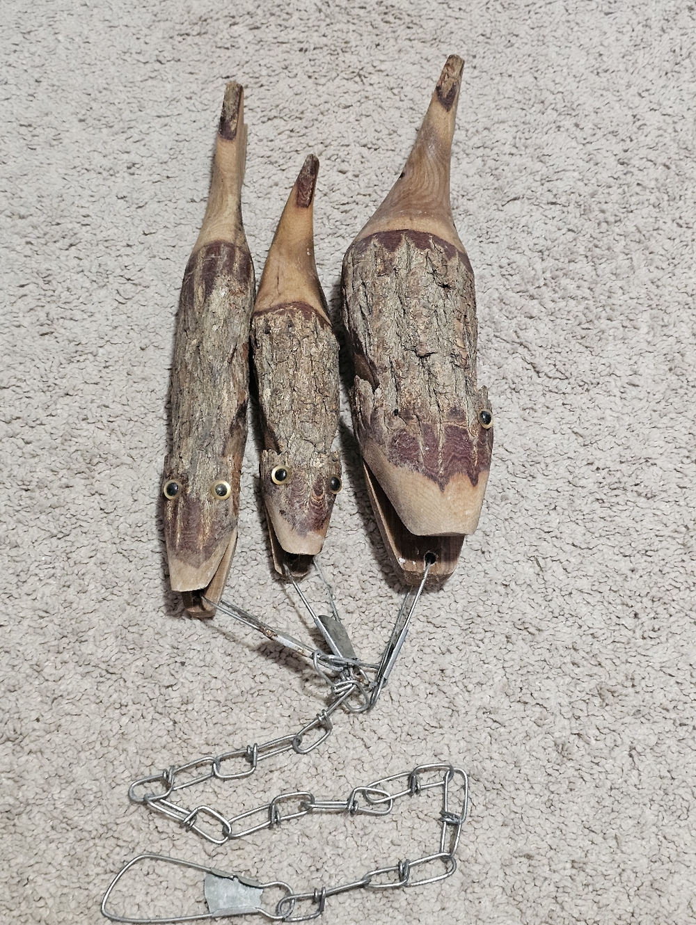 Vintage Custom Handmade Set of 3 Hand Carved Wood Fish On String Rustic Folk Art